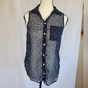 Hollister sheer Navy blue floral sleeveless button down shirt XS